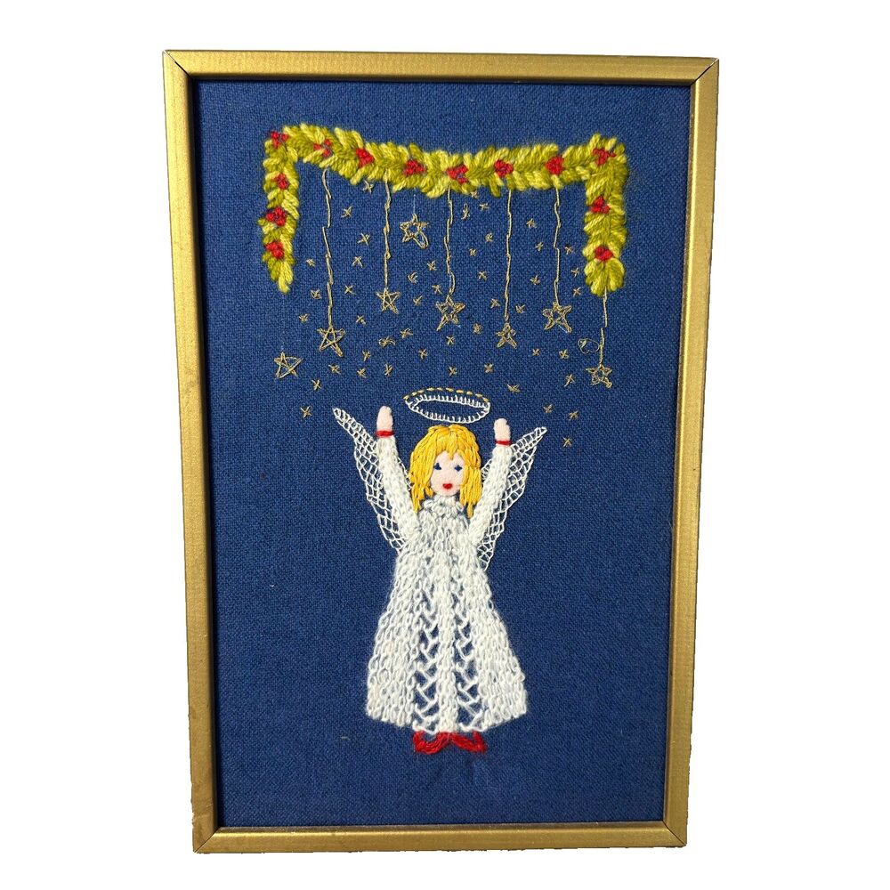 Vtg 1976 Paragon Christmas Angel Crewel Embroidery Framed Stitchery Blue Gold